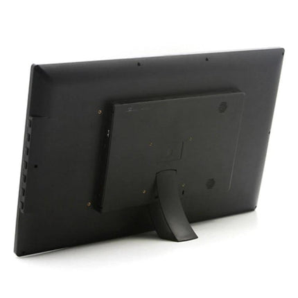 21.5-Inch Digital Photo Frame for Displaying Photos and Videos rear view on stand showing ports and speakers