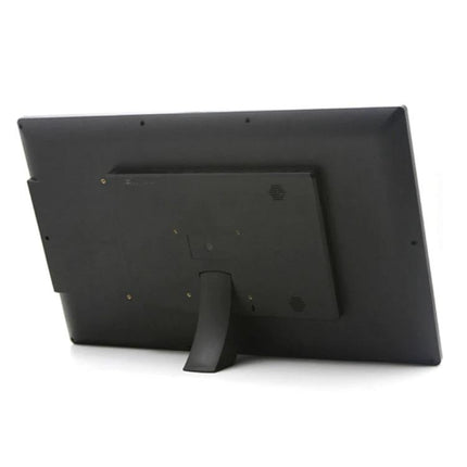 Back view of 21.5-Inch Digital Photo Frame for Displaying Photos and Videos on a tabletop stand with rear ports and speakers