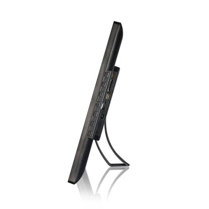 21.5-Inch Digital Photo Frame for Displaying Photos and Videos — slim black frame side view showing control buttons, ports and kickstand for tabletop display