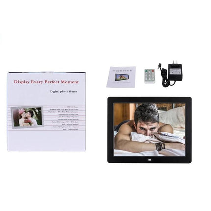 21.5-Inch Digital Photo Frame for Displaying Photos and Videos showing LED screen with remote, power adapter, and product box