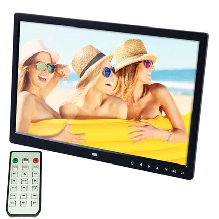 Allwinner 15-Inch LED Digital Photo Frame with Remote Control showing beach photo slideshow on desk with remote