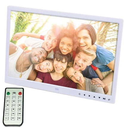 Allwinner 15-Inch LED Digital Photo Frame with Remote Control showing group photo on 15-inch 1280x800 LED screen with remote and built-in speakers