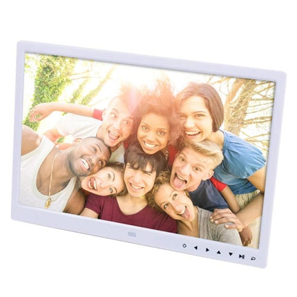 Allwinner 15-Inch LED Digital Photo Frame with Remote Control showing a family photo slideshow on 15-inch 1280x800 LED screen with remote