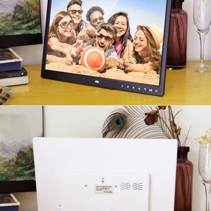 Allwinner 15-Inch LED Digital Photo Frame with Remote Control showing family photo on desk with remote and rear view