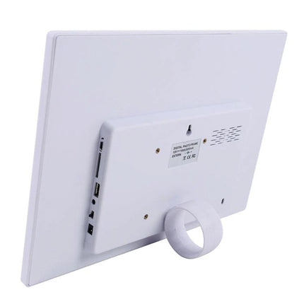 Allwinner 15-Inch LED Digital Photo Frame with Remote Control showing white rear ports, stand, and wall-mount hook