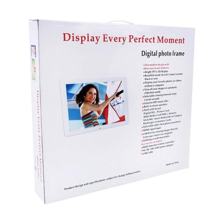Allwinner 15-Inch LED Digital Photo Frame with Remote Control displayed in retail packaging showing screen image and product features