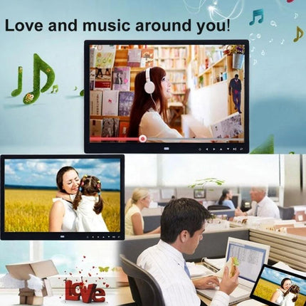 Allwinner 15-Inch LED Digital Photo Frame with Remote Control showing family photos, slideshow and music playback in home and office settings