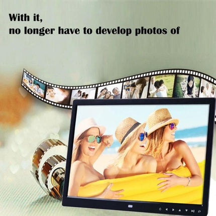 Allwinner 15-Inch LED Digital Photo Frame with Remote Control displaying beach family photos on desk with slideshow filmstrip and built-in speakers