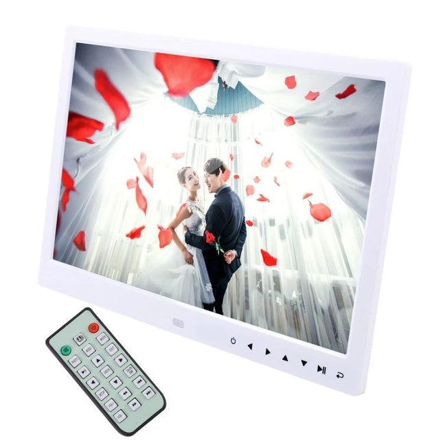 13-Inch LED Digital Photo Frame with Remote for Home Display showing wedding photo with remote, tabletop or wall-mountable frame