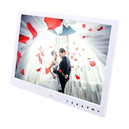 13-Inch LED Digital Photo Frame with Remote for Home Display showing wedding photo slideshow with remote and built-in clock