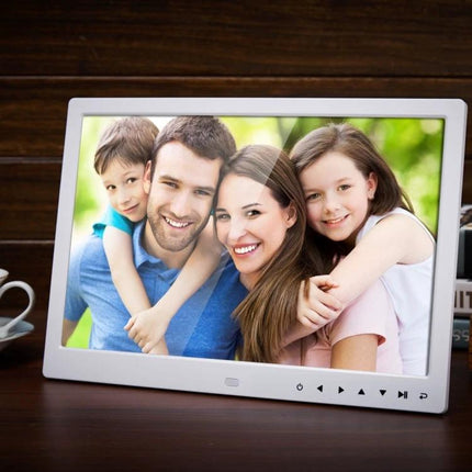 13-Inch LED Digital Photo Frame with Remote for Home Display showing family slideshow on tabletop with clock and alarm features