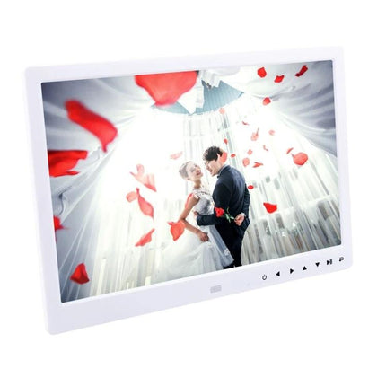 13-Inch LED Digital Photo Frame with Remote for Home Display showing wedding photo slideshow with petals, clock and alarm features