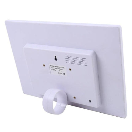13-Inch LED Digital Photo Frame with Remote for Home Display showing white back panel, wall mount slot and tabletop stand
