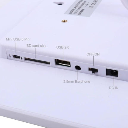 13-Inch LED Digital Photo Frame with Remote for Home Display showing ports: mini USB, SD card slot, USB 2.0, 3.5mm earphone, power switch and DC IN