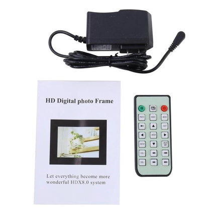 13-Inch LED Digital Photo Frame with Remote for Home Display showing remote, power adapter, and user manual on tabletop