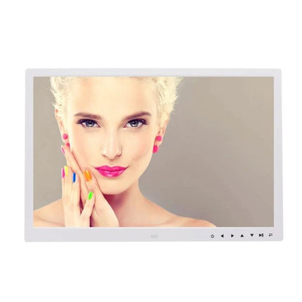 Allwinner 17-Inch LED Digital Photo Frame in Black with Touch Buttons showing a model portrait on 17-inch 1440x900 LED screen, touch controls