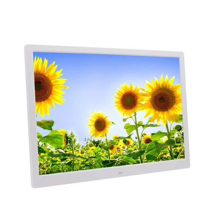 Allwinner Technology 17-Inch Digital Photo Frame for Display showing bright sunflowers on 17-inch 1440x900 LED screen, slideshow with music and clock