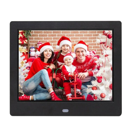 8 Inch Digital Photo Frame with Remote Control and Holder displaying family Christmas photo on 8-inch 1024x768 TFT screen with remote and holder