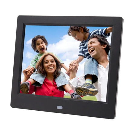 8 Inch Digital Photo Frame with Remote Control and Holder showing family photo on 8-inch 1024x768 TFT screen with black holder and remote feature