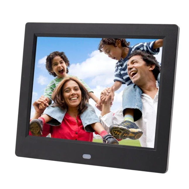8 Inch Digital Photo Frame with Remote Control and Holder showing family photo on 8-inch 1024x768 TFT screen with black holder and remote feature