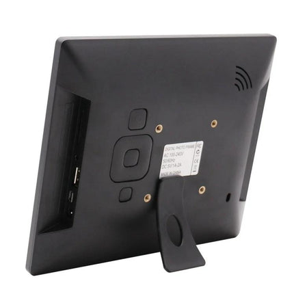 8 Inch Digital Photo Frame with Remote Control and Holder showing rear view with stand, buttons, ports and speaker