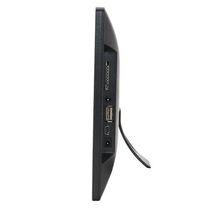 8 Inch Digital Photo Frame with Remote Control and Holder showing side view with ports, USB slot, power jack and foldable stand