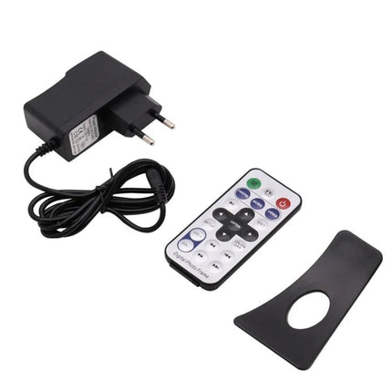 8 Inch Digital Photo Frame with Remote Control and Holder showing power adapter, remote control, and black stand accessory