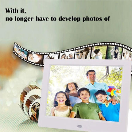 8 Inch Digital Photo Frame with Remote Control and Holder showing family photo, remote and holder, clock/calendar and music features
