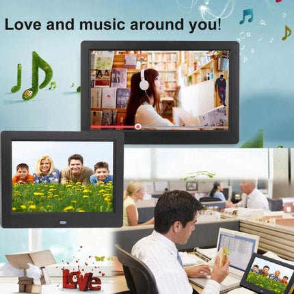 8 Inch Digital Photo Frame with Remote Control and Holder showing family photos, music playback, clock and calendar on desk and home displays