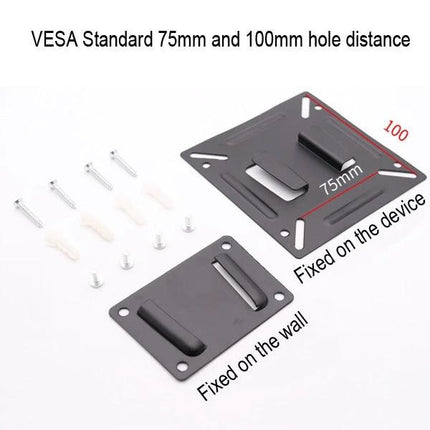 Universal Wall Mount Bracket for Photo Frames and Up to 18.5-Inch Monitors showing VESA 75mm and 100mm plates and mounting hardware
