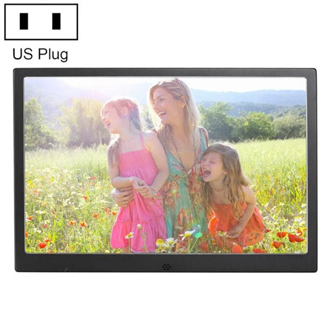 12.1 Inch Digital Photo Frame with Remote Control displaying family slideshow on 1280x800 16:9 LED screen, remote and US plug included