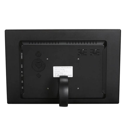 12.1 Inch Digital Photo Frame with Remote Control rear view showing stand, ports and control buttons on black LED frame