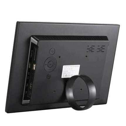 12.1 Inch Digital Photo Frame with Remote Control showing rear view with ports, control buttons and round stand on black 16:9 LED frame