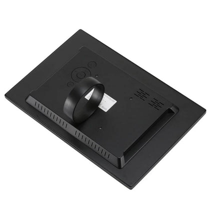 12.1 Inch Digital Photo Frame with Remote Control rear view showing stand, buttons and ventilation on black LED frame