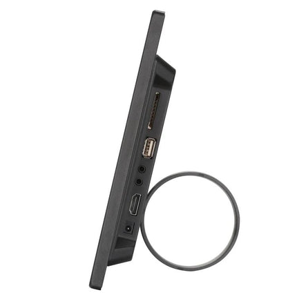 Side view of 12.1 Inch Digital Photo Frame with Remote Control showing ports, USB, HDMI and SD card slot