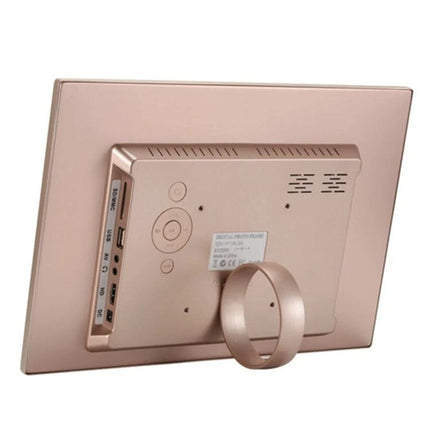 13.3 Inch Digital Photo Frame for Displaying Family Photos with Remote showing rose gold rear view, ports, controls and tabletop stand
