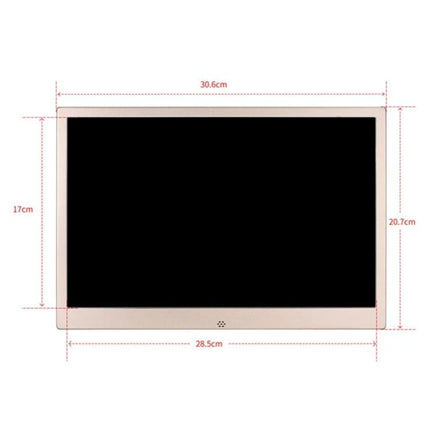 13.3 Inch Digital Photo Frame for Displaying Family Photos with Remote - front view with dimensions and black screen