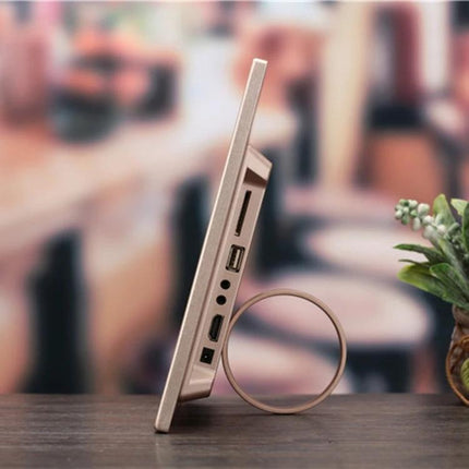 13.3 Inch Digital Photo Frame for Displaying Family Photos with Remote showing side ports, stand and memory card slot on wooden table