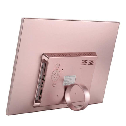 17-Inch Digital Photo Frame for Home Photo and Video Display - rose gold rear view showing ports and tabletop ring stand