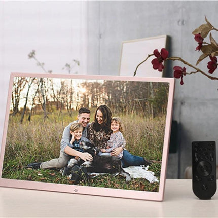 17-Inch Digital Photo Frame for Home Photo and Video Display showing family photo on shelf with remote