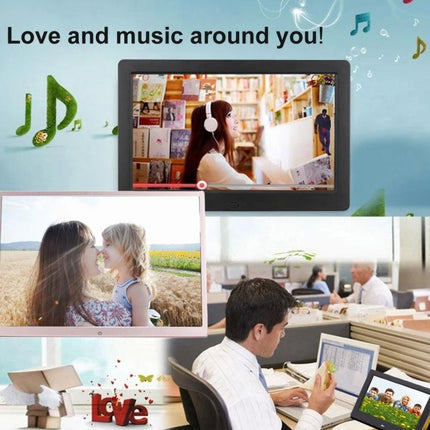 17-Inch Digital Photo Frame for Home Photo and Video Display showing family photos and video playback on a desk and wall