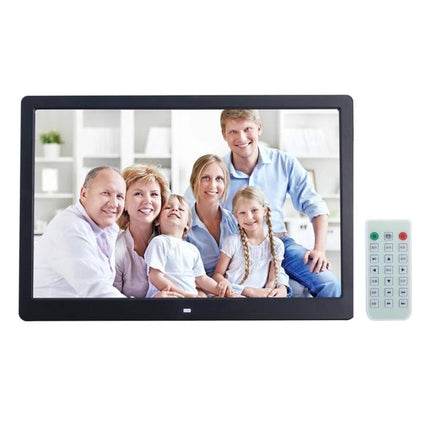 13-Inch LED Digital Photo Frame for Home Display with Remote Control showing family slideshow with remote and auto-on/off feature
