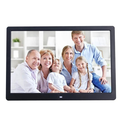 13-Inch LED Digital Photo Frame for Home Display with Remote Control showing family slideshow with remote and auto on/off features