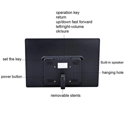 13-Inch LED Digital Photo Frame for Home Display with Remote Control showing labeled rear ports, power button, built-in speaker and removable stand
