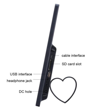 13-Inch LED Digital Photo Frame for Home Display with Remote Control showing side ports: USB, SD card slot, headphone jack and DC hole
