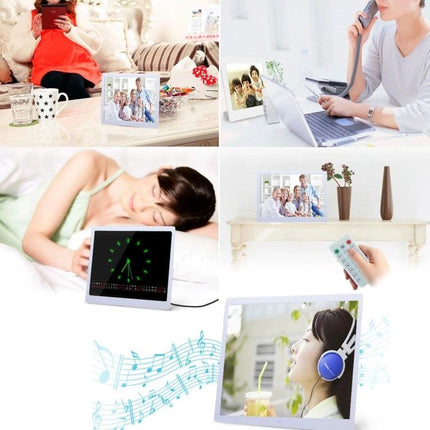 13-Inch LED Digital Photo Frame for Home Display with Remote Control showing slideshow with music, bedside clock and remote for living room decor