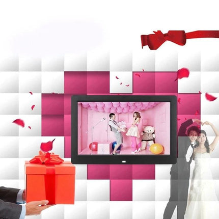 13-Inch LED Digital Photo Frame for Home Display with Remote Control showing family slideshow with music and automatic on/off