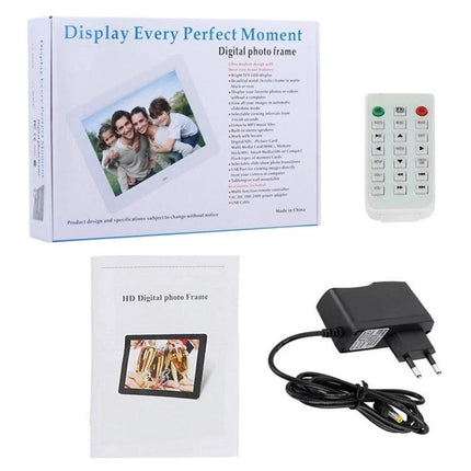 13-Inch LED Digital Photo Frame for Home Display with Remote Control showing box, remote, manual and power adapter