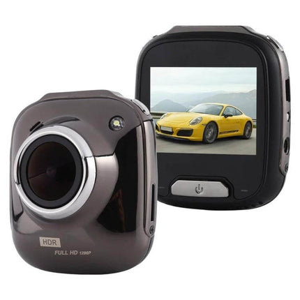 Compact Mini Car Dash Camera for Vehicle Recording and Monitoring showing compact 1080P unit with 170° lens and rear display featuring a yellow sports car