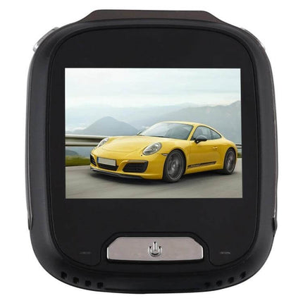 Compact Mini Car Dash Camera for Vehicle Recording and Monitoring showing 1080P display with yellow sports car and wide-angle road view